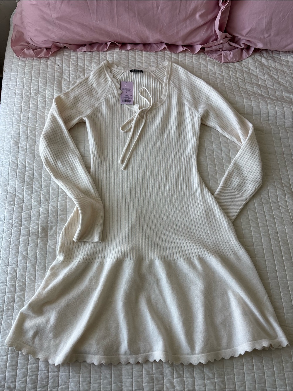 wild fable Cream Ribbed Long-Sleeve Tie-Neck Knit Dress